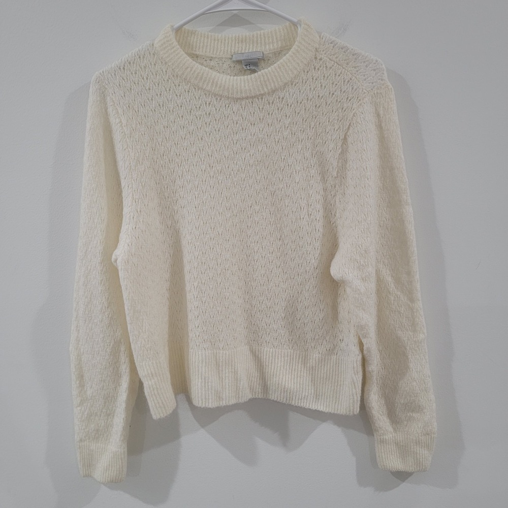 Hm Womens Pointelle Knit Sweater Size Medium Ivory Soft Girl Cozy Granola